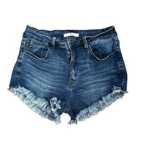 Kancan High Rise Jean Shorts Women's 11 Dark‎ Blue Wash Denim Raw Hem Summer